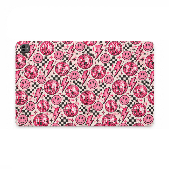 Pink Disco Smiley Tablet Case – Retro Lightning & Checkerboard Design