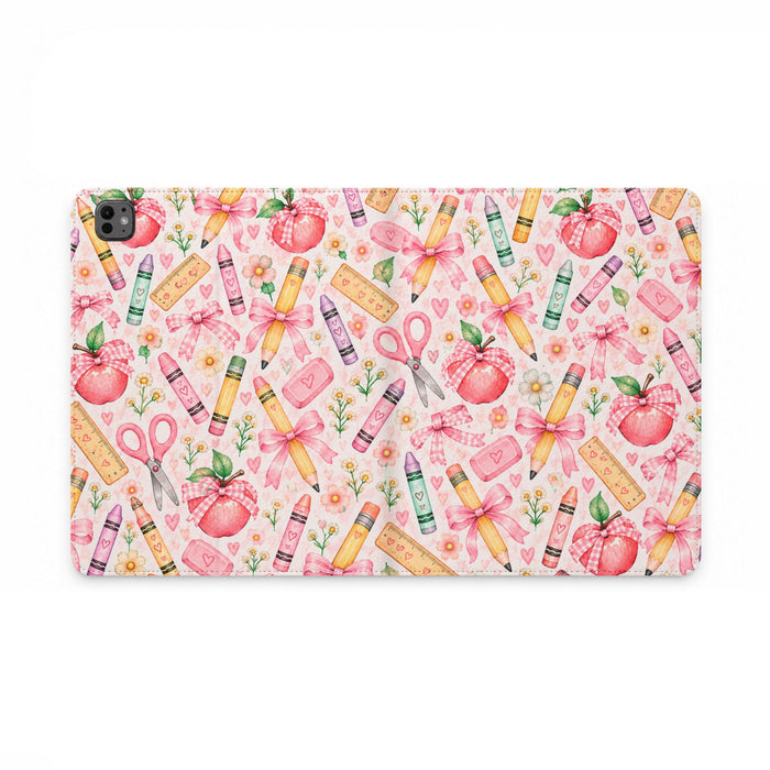 Teacher Supplies Watercolor Tablet Folio Case — Pink Scissors & Apples Pattern