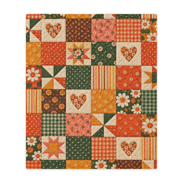 Patchwork Heart Minky Blanket — Cozy Autumn Floral Quilt-Style Throw