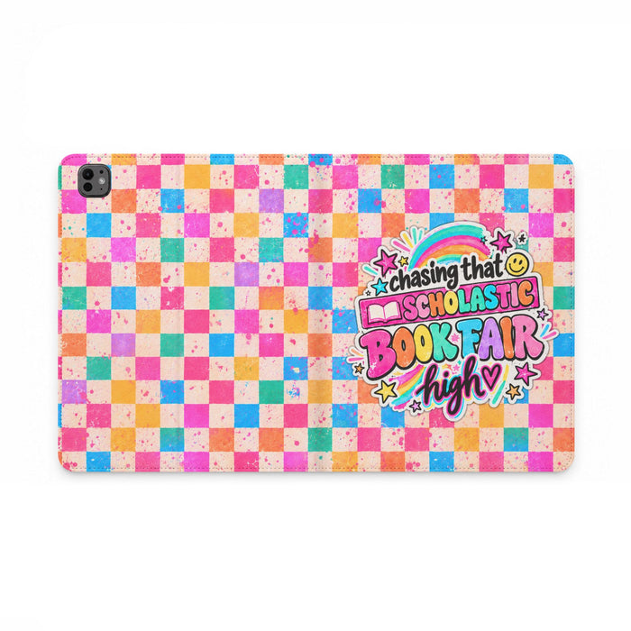 Scholastic Book Fair Tablet Folio Case — Colorful Checkerboard "Chasing That Book Fair High" Design