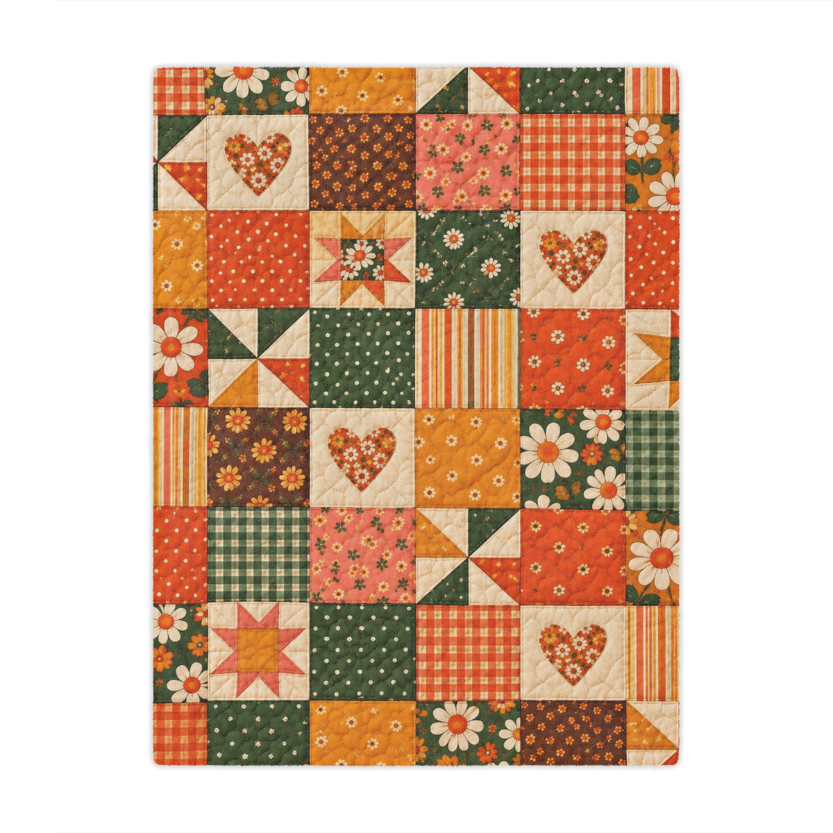 Patchwork Heart Minky Blanket — Cozy Autumn Floral Quilt-Style Throw