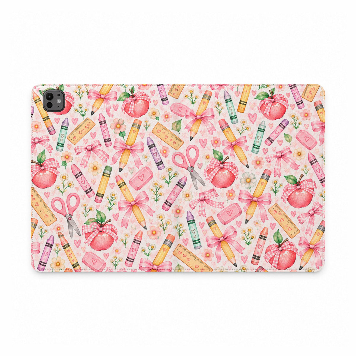 Teacher Supplies Watercolor Tablet Folio Case — Pink Scissors & Apples Pattern