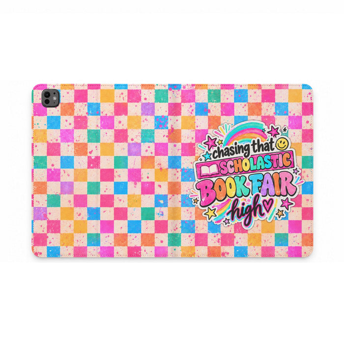 Scholastic Book Fair Tablet Folio Case — Colorful Checkerboard "Chasing That Book Fair High" Design