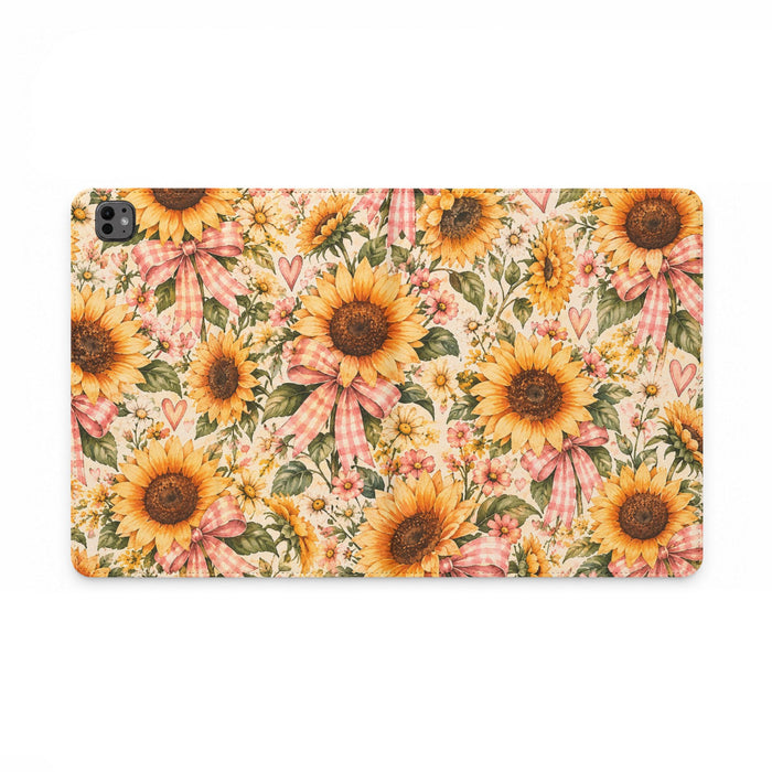 Sunflower Bouquet Tablet Folio Case — Vintage Floral with Pink Gingham Bows