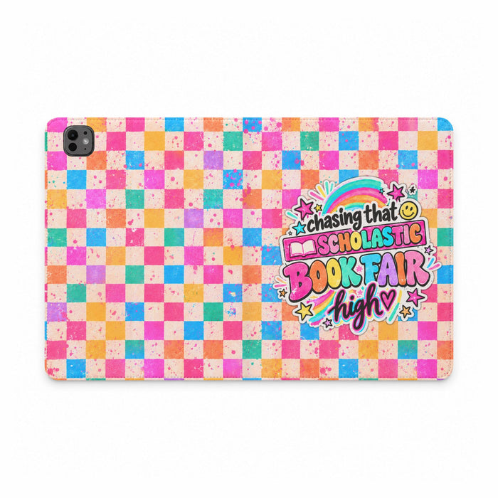 Scholastic Book Fair Tablet Folio Case — Colorful Checkerboard "Chasing That Book Fair High" Design