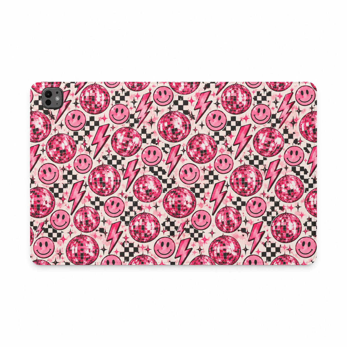 Pink Disco Smiley Tablet Case – Retro Lightning & Checkerboard Design