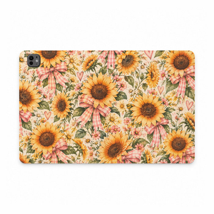 Sunflower Bouquet Tablet Folio Case — Vintage Floral with Pink Gingham Bows