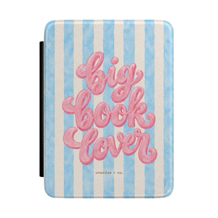 Kindle Case — "Big Book Lover" Pink Script on Blue Stripe eReader Cover
