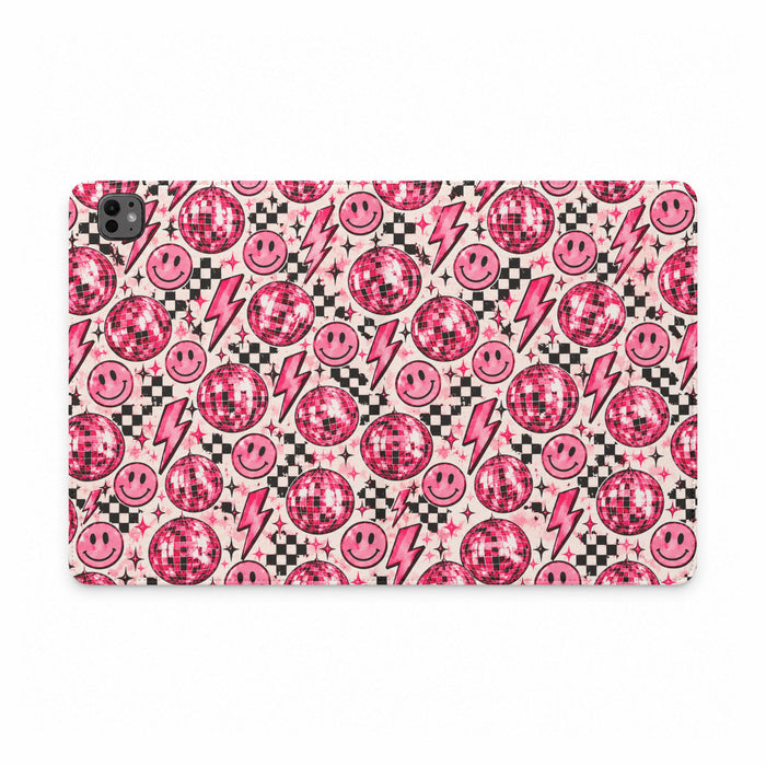 Pink Disco Smiley Tablet Case – Retro Lightning & Checkerboard Design