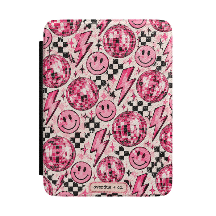 Pink Disco Smile Kindle Case — Retro Smiley, Lightning & Checkerboard E-Reader Cover