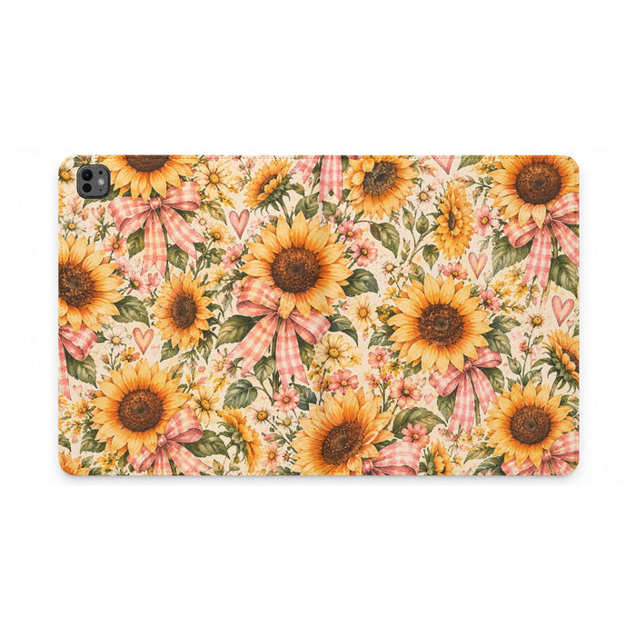 Sunflower Bouquet Tablet Folio Case — Vintage Floral with Pink Gingham Bows