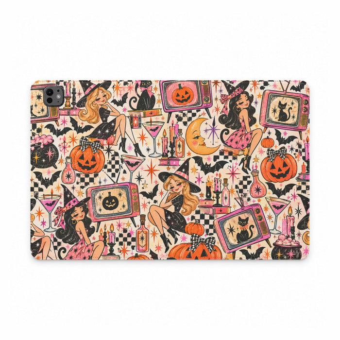 Halloween Pinup Tablet Folio Case — Vintage Witch, Pumpkins & Retro TV Pattern