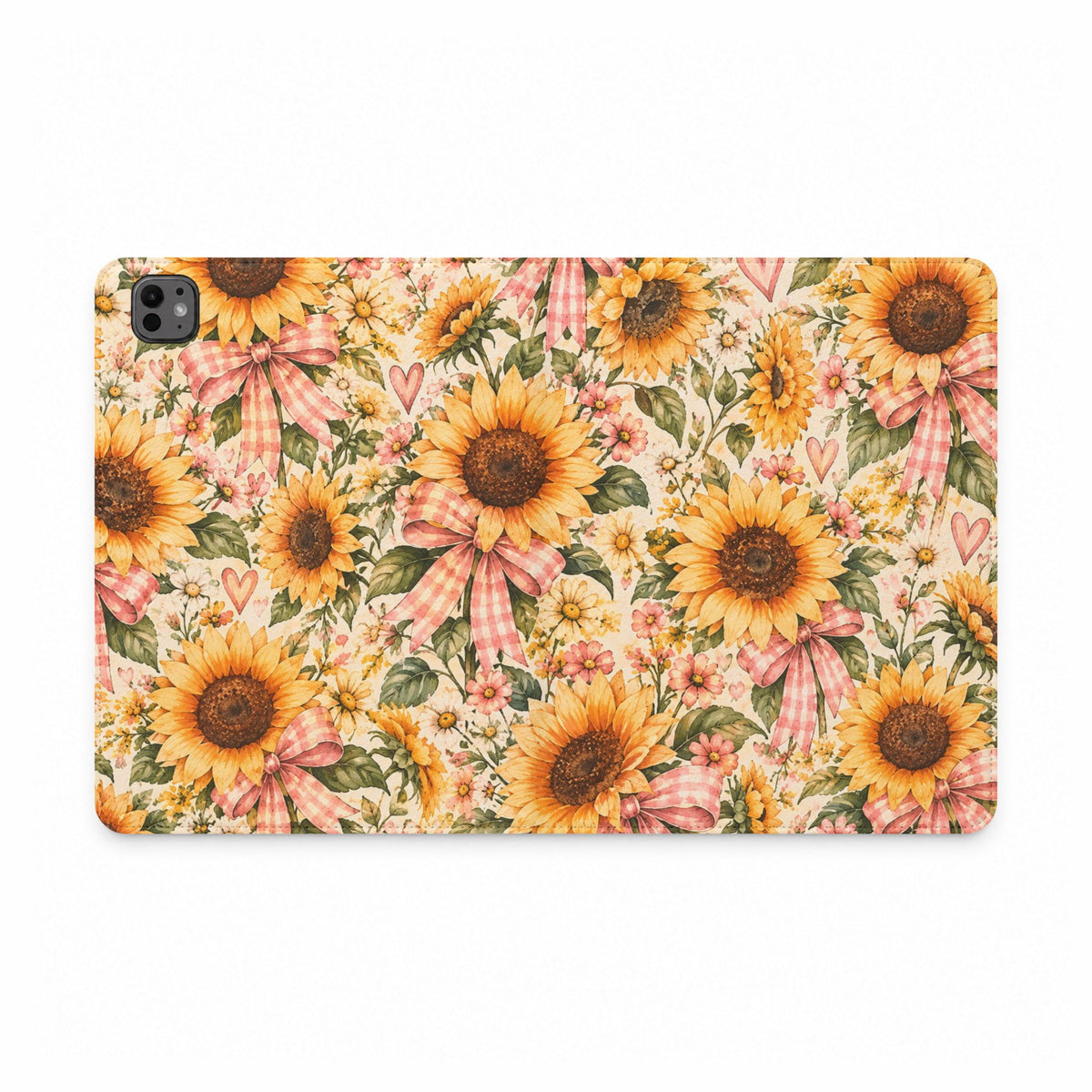 Sunflower Bouquet Tablet Folio Case — Vintage Floral with Pink Gingham Bows