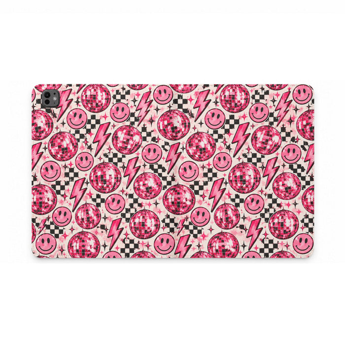 Pink Disco Smiley Tablet Case – Retro Lightning & Checkerboard Design