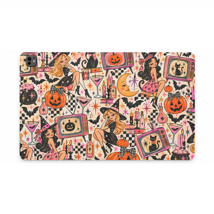 Halloween Pinup Tablet Folio Case — Vintage Witch, Pumpkins & Retro TV Pattern