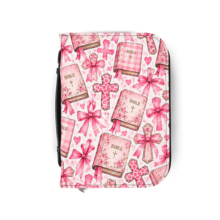 Pink Bible Cover with Crosses & Bows – Zippered Bible Case