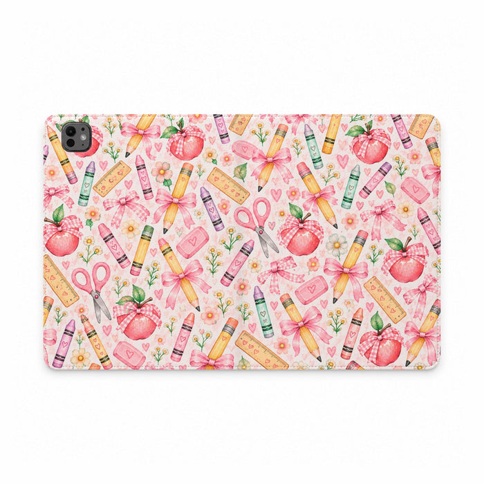 Teacher Supplies Watercolor Tablet Folio Case — Pink Scissors & Apples Pattern