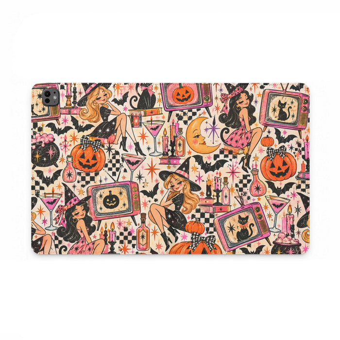 Halloween Pinup Tablet Folio Case — Vintage Witch, Pumpkins & Retro TV Pattern