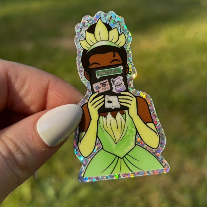 Princess Reading a Kindle Green Edition Glitter Sticker